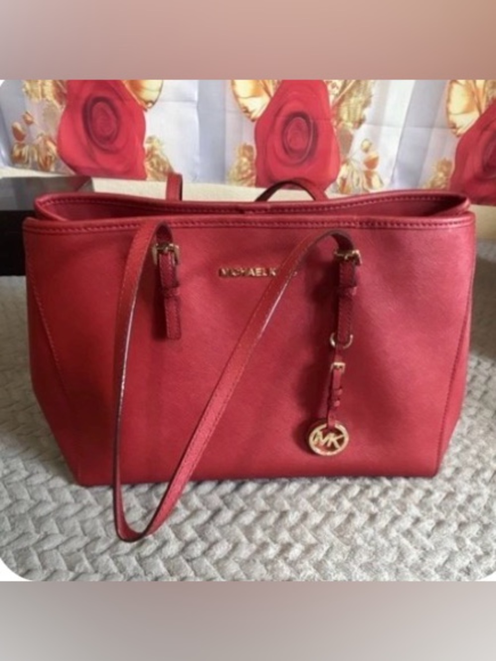 Michael Kors Red Saffiano Leather Tote with Gold Charm